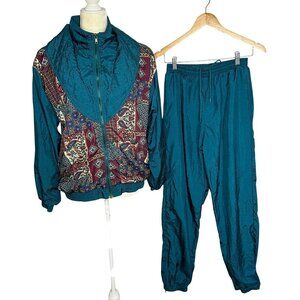 Vintage Westbound Sport Teal Paisley Nylon Track Suit Sz M | 80s Windbreaker Set